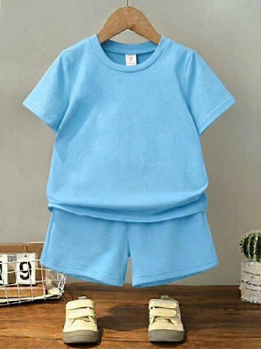 2 PCs Kids Plain Summer Tracksuit Set – Soft Cotton Blend Half Sleeve T-Shirt & Comfortable Shorts Co-Ord Outfit for Boy (Color Red Size Small)