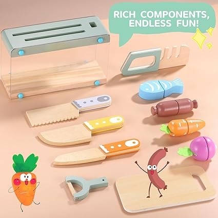 Wooden Kids Play Kitchen Set with Toy Utensils & Velcro Food – Montessori Pretend Cooking Playset