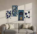 Set of 4 Blue & White Botanical & Architectural Wall Tiles | Wooden Sticky | 8x16" & 8x11" | Double Tape Included