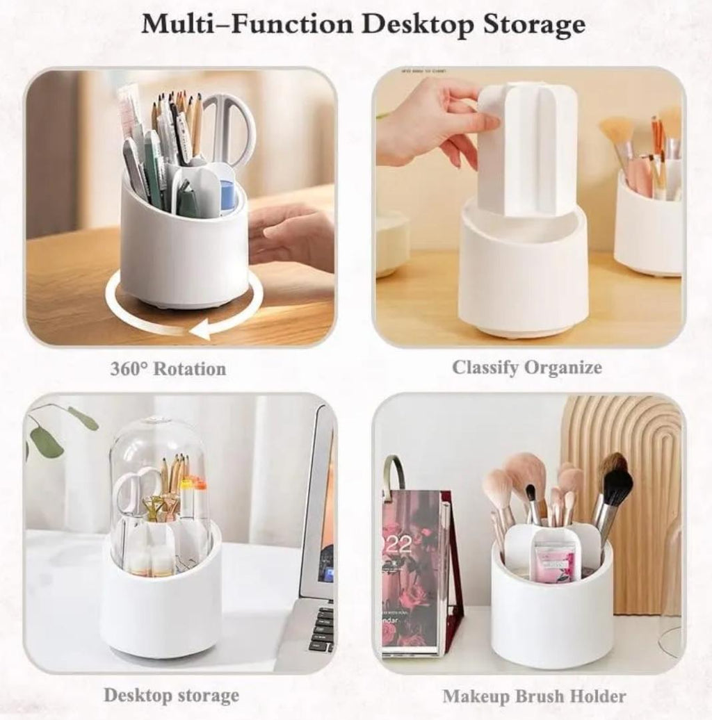 Makeup Brush Holder Organizer With Lid 360° Rotating Dustproof Printed Hard Box For Neat And Stylish Storage