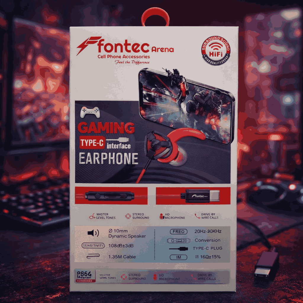 Fontec Arena Type-C Gaming Earphones with Detachable Mic – HiFi Stereo Surround Wired Handsfree for Type-C Devices (Random Color)