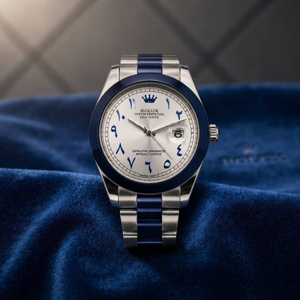 Premium Luxury Arabic Dial Watch | Elegant Stainless‑Steel Strap With Blue Accents & Date Display