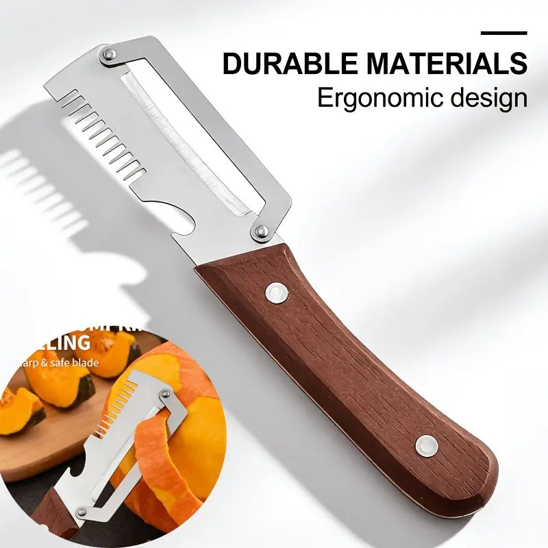 (Small Size) 3in1 Peeler Knife Stainless Steel | Multifunctional Fruit & Vegetable Peeler With Wooden Handle | Kitchen Vegetable Cutter Slicer Tool & Bottle Opener