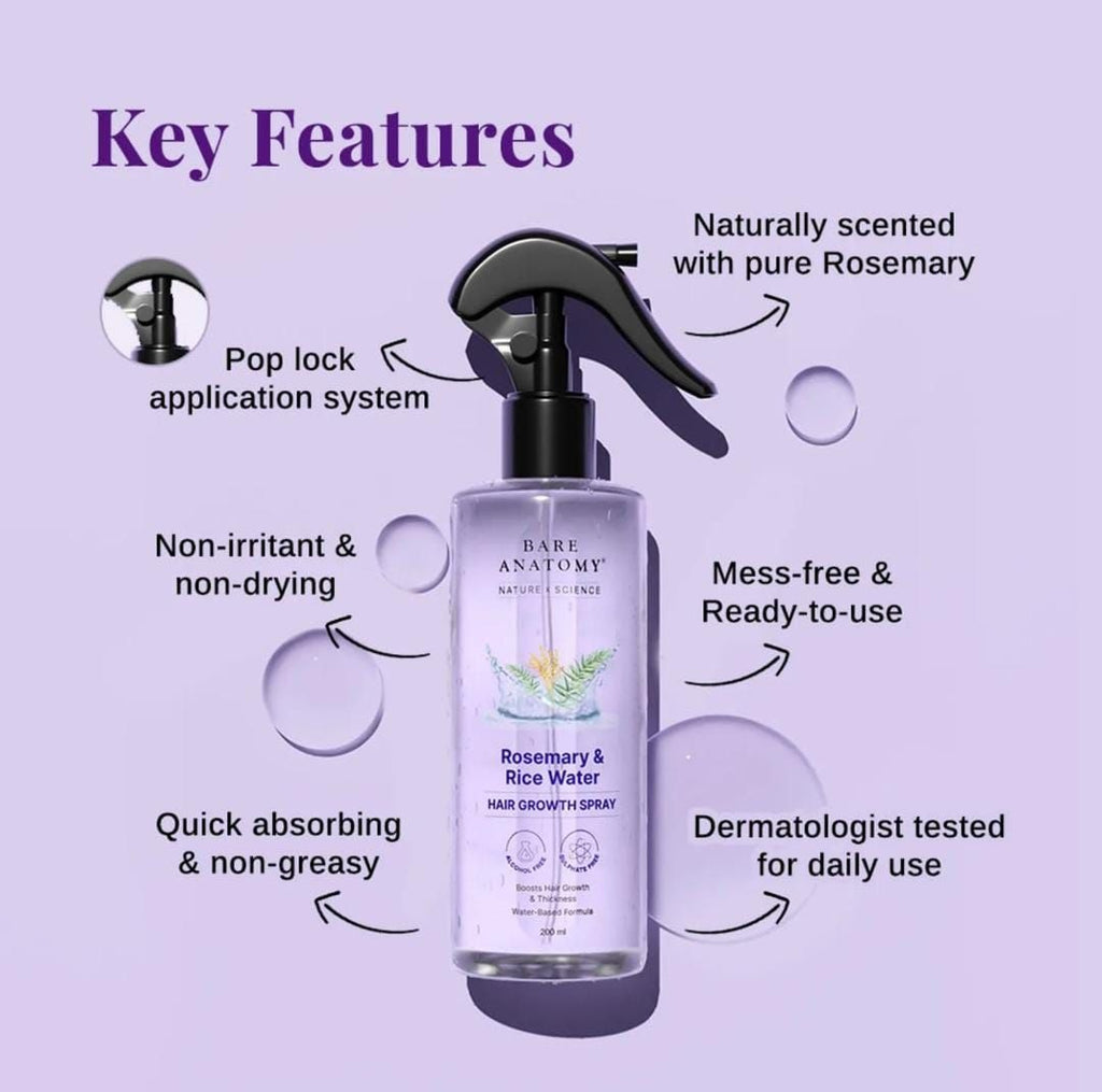 Bare Anatomy Rosemary And Rice Water Hair Growth Spray Boosts Thickness Controls Hair Fall 200Ml