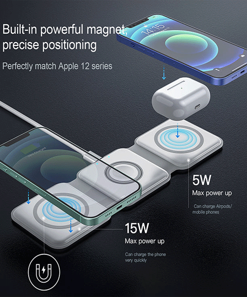 3 in 1 Magnetic Foldable Wireless Charging Station 15W Fast Charger for iPhone, AirPods & Smartwatch
