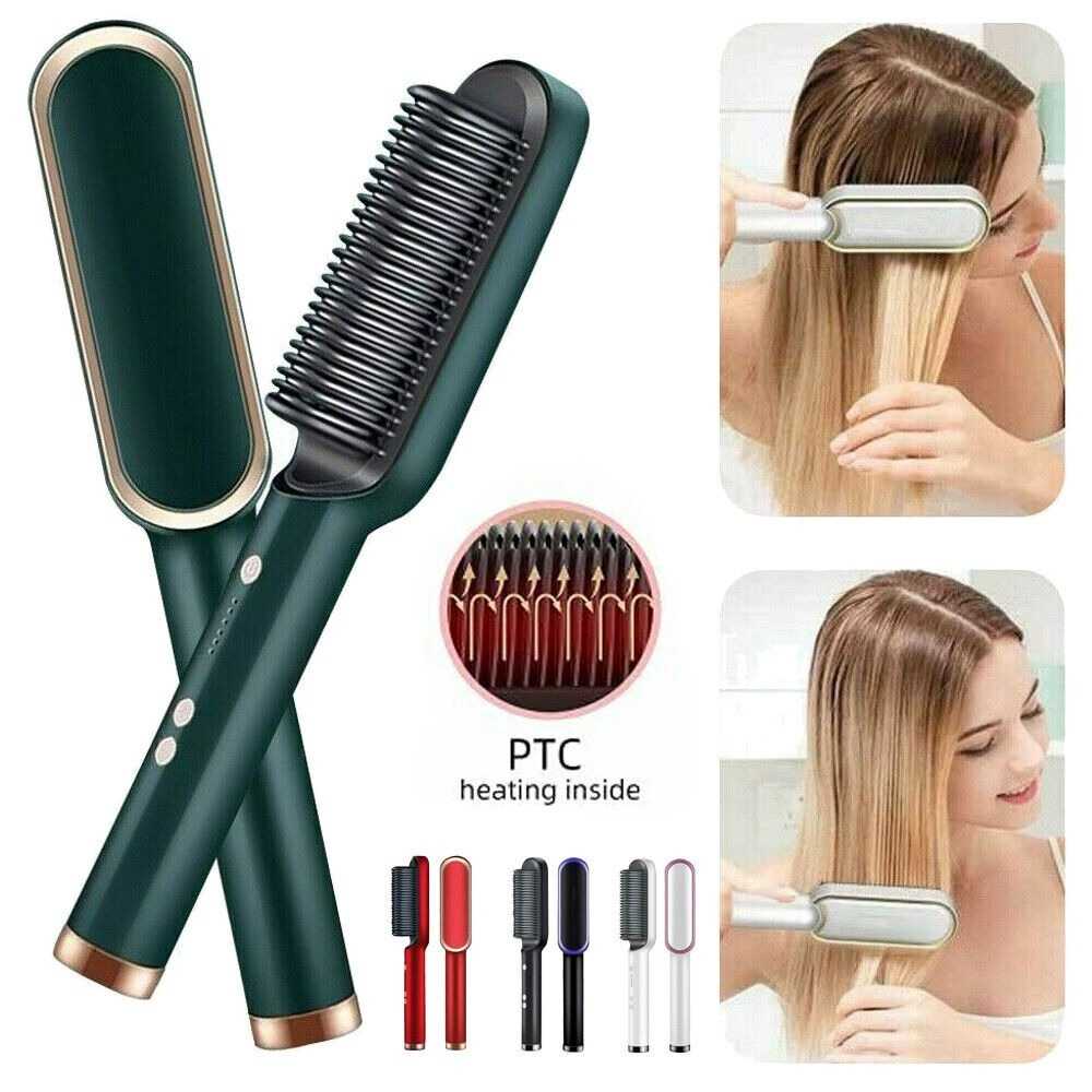 909 Hair Straightening Brush | Electric 2‑in‑1 Straightener & Curler | Heating Styling Comb | Quick 3‑Minute Styling