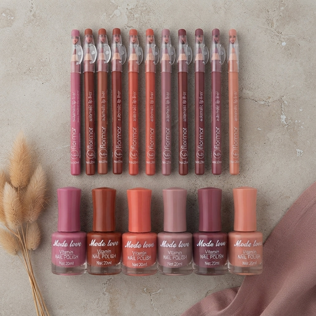 Nails Polish And Lip Pencils Combo Deal - Beauty Accessory Designed For Makeup Application And Daily Skincare Routine (12 Lip Pencils + 6 Nail Polishes)