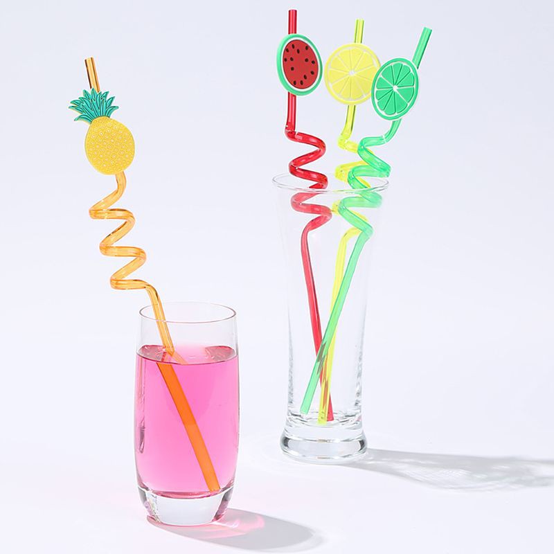 4Pcs Cartoon Lime Lemon Pineapple Watermelon Plastic Spiral Drinking Straws Children Random Color