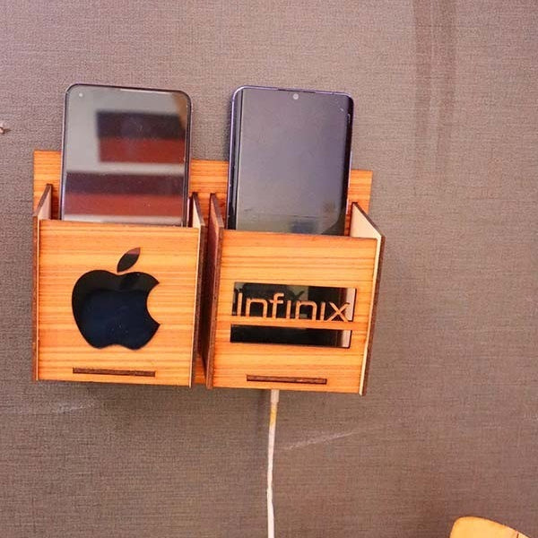 Wall Mounted Wooden Mobile Charging Holder – Phone & Charger Organizer for Home & Office