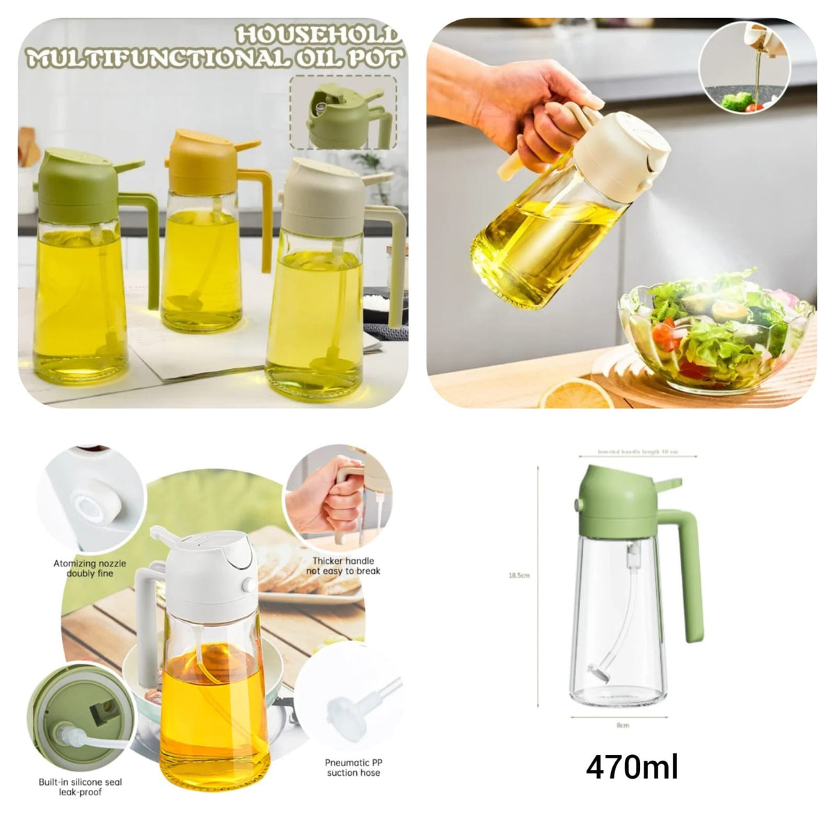 2-in-1 Oil Spray Bottle | Adjustable Mist & Dispenser | 470ml Leak-Proof Glass Container | For Cooking, BBQ, Baking & Air Fryer 380ml (Random Color)