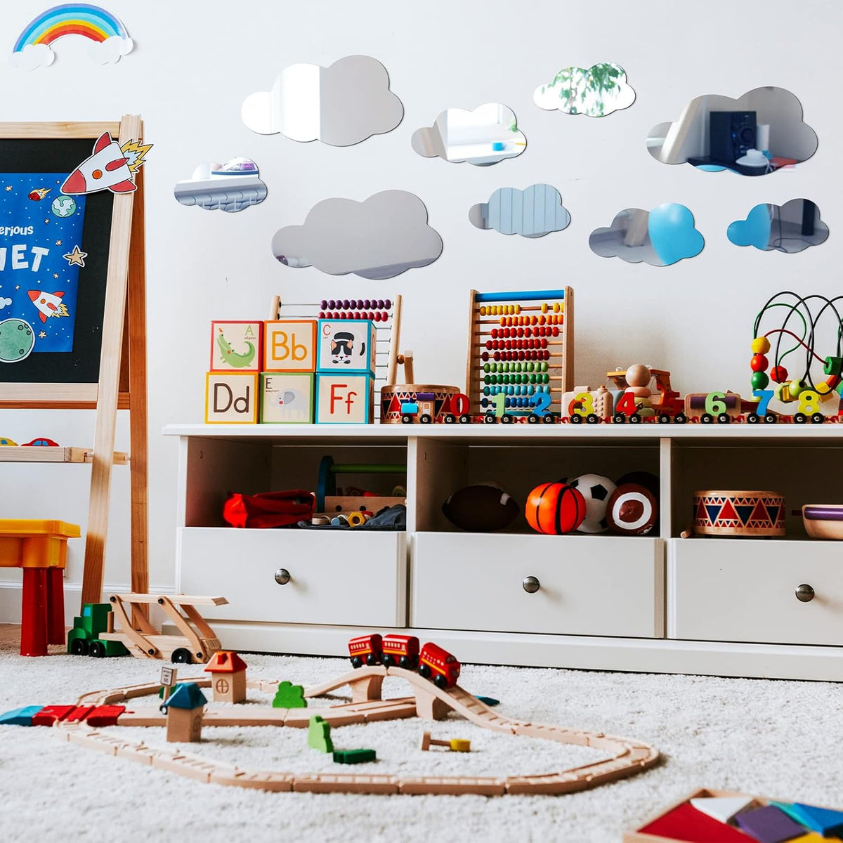 8 Pcs Acrylic Cloud Shape Mirror Wall Art Decor Cloud Mirror Stickers Decals For Kids Girls Bedroom Bathroom Playroom Silver