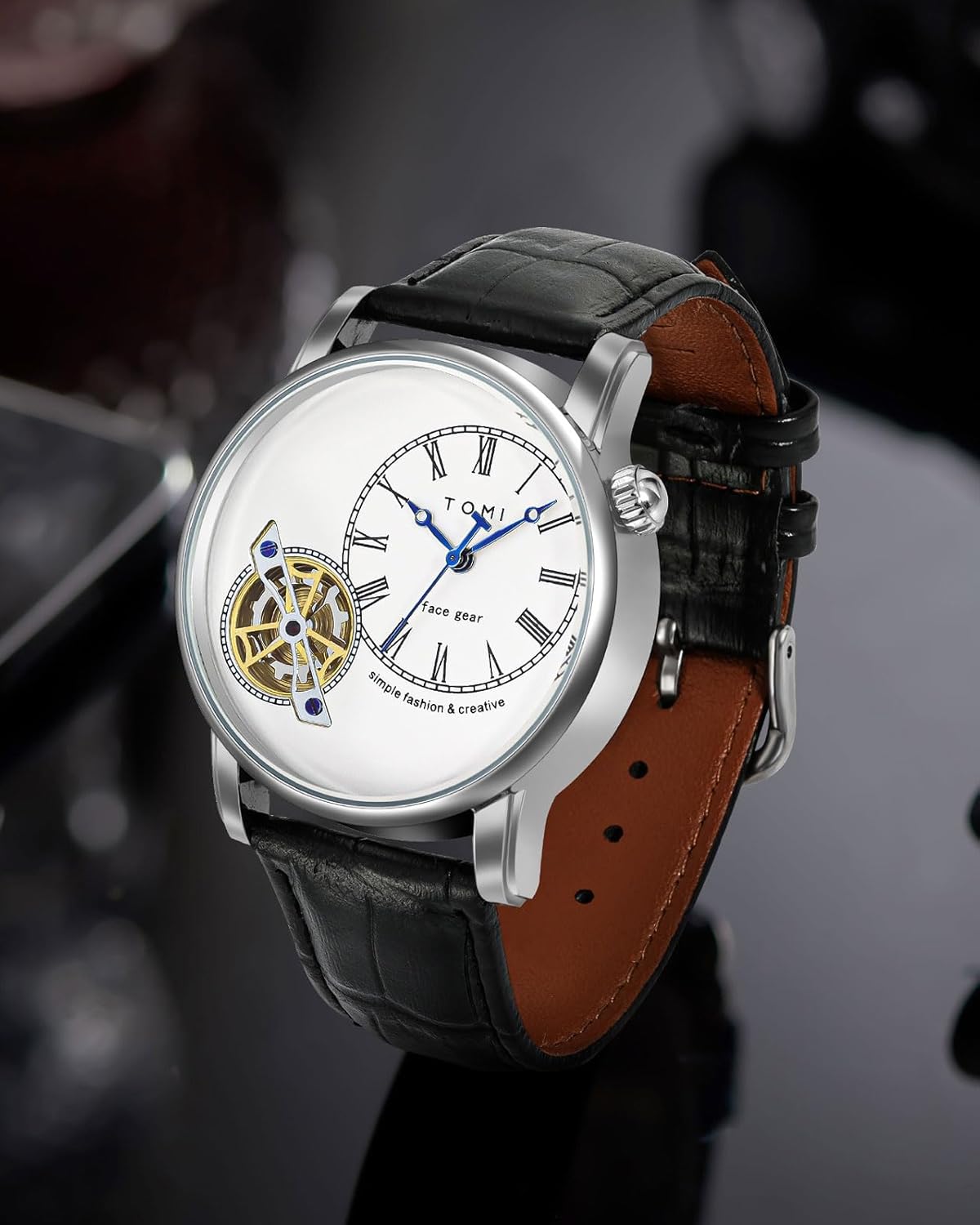 Mens Watch Analog Leather Wrist Watch Elegant Quartz Watch With Double Strap Amp 3Atm Waterproof Random Color