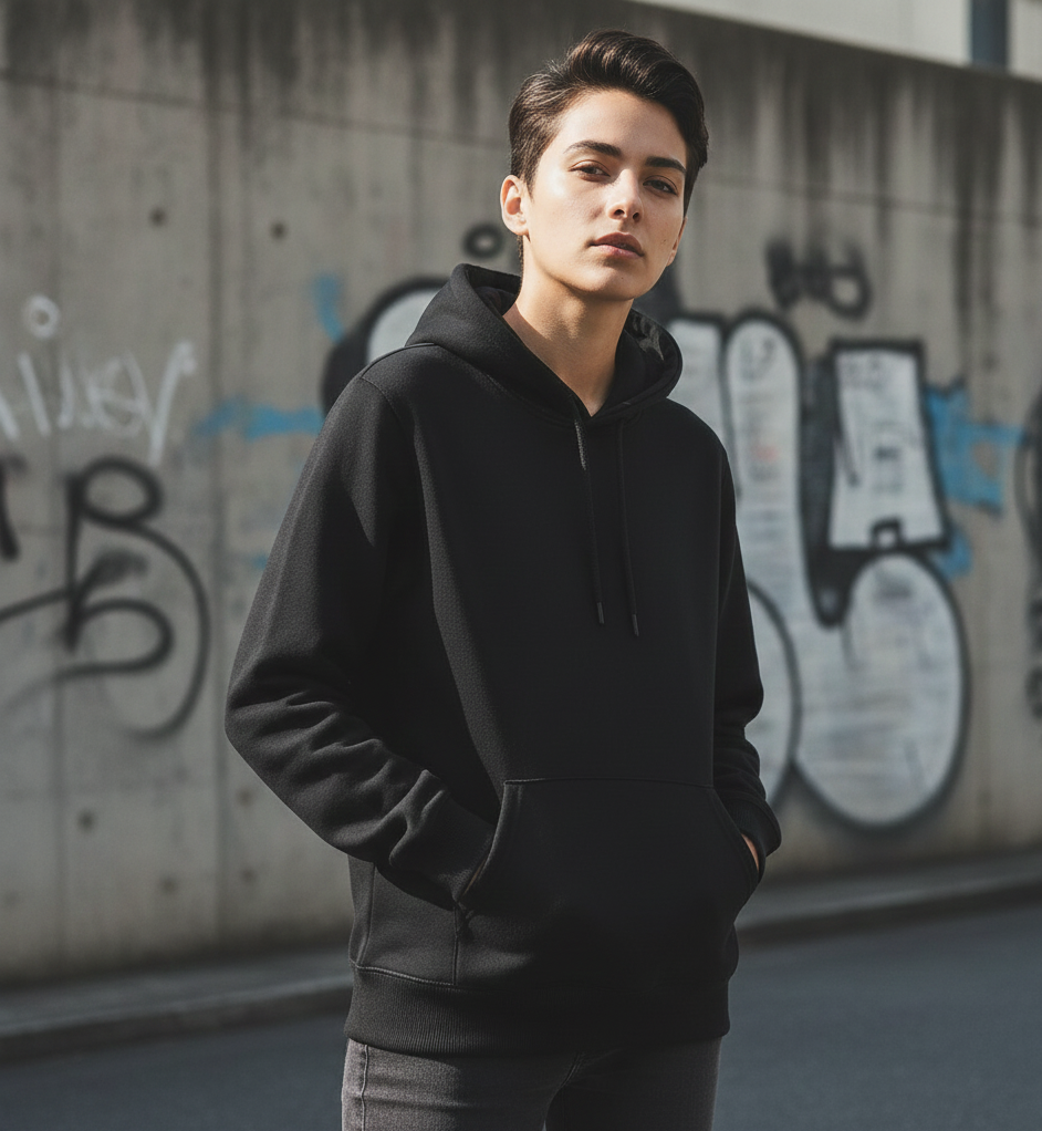 Black Polyester Hoodie – Warm, Soft & Stylish | Unisex Casual Wear for Winter & Everyday Comfort