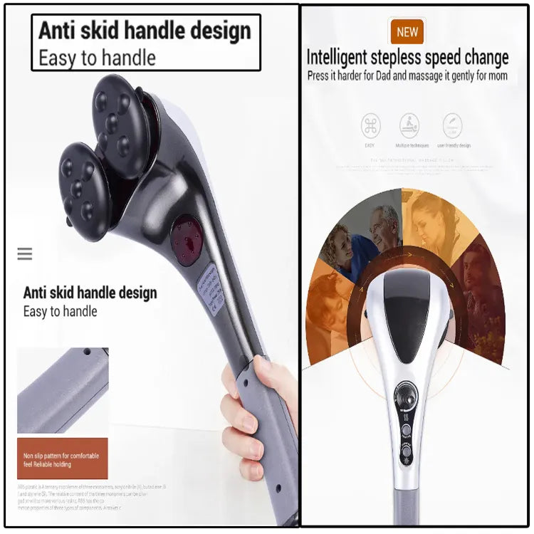 Double Head Full Body Massager Machine Variable Speed Far Infrared Electric Facial Deep Tissue Fitness Massage Stick Head Neck Waist Leg Muscles Pain Relief Massage Hammer Handheld Deep Tissue Massager