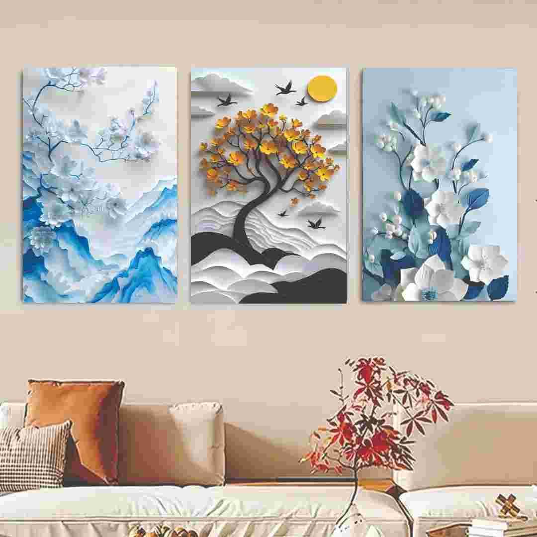 Set Of 3 Flower Tree Art Wooden Frames For Wall Decoration / Sticky Photo Tile
