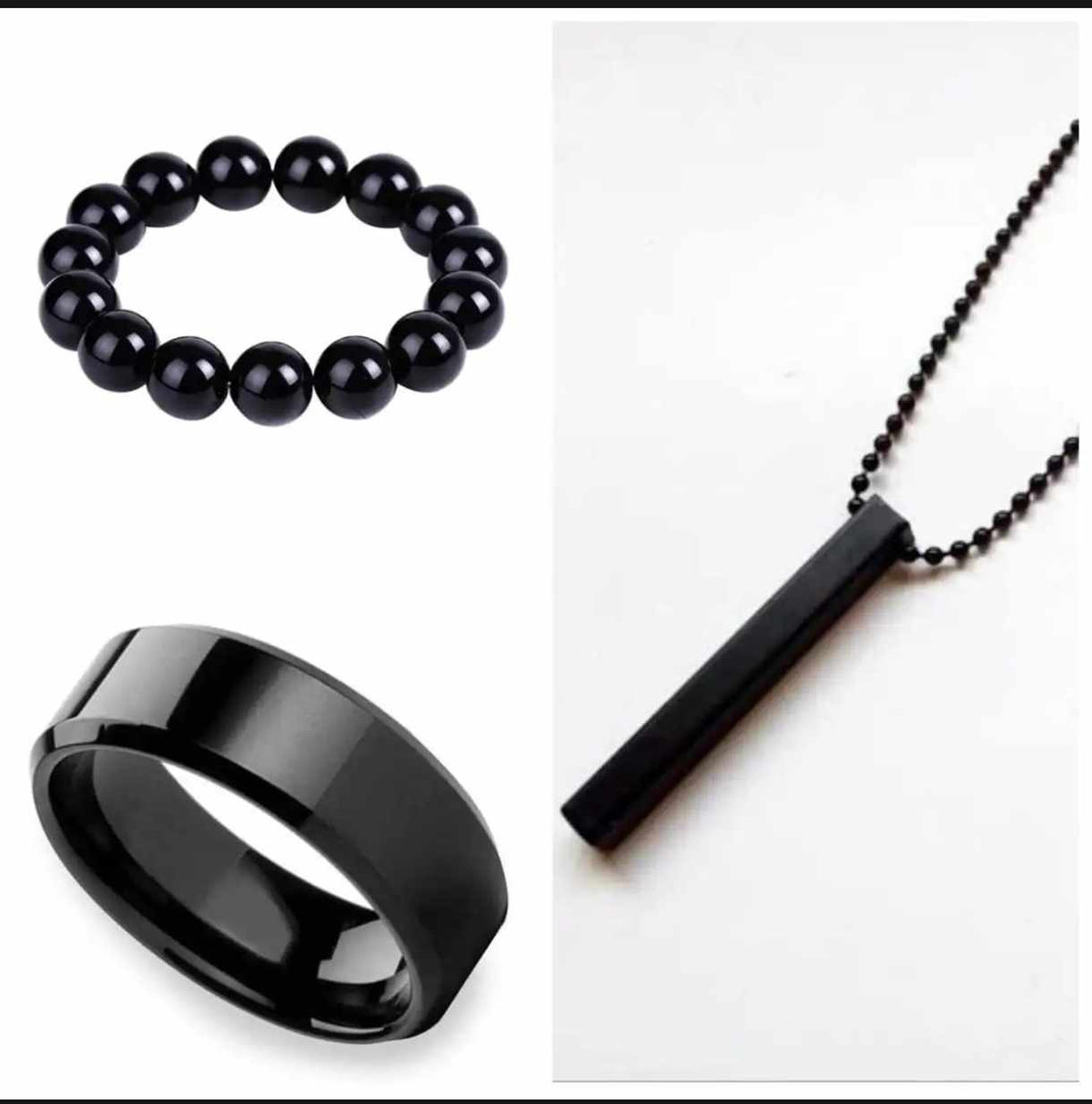 Pack Of 3 Vertical Bar Boy's Pendant, Ring And Bracelet Set, color black - 16