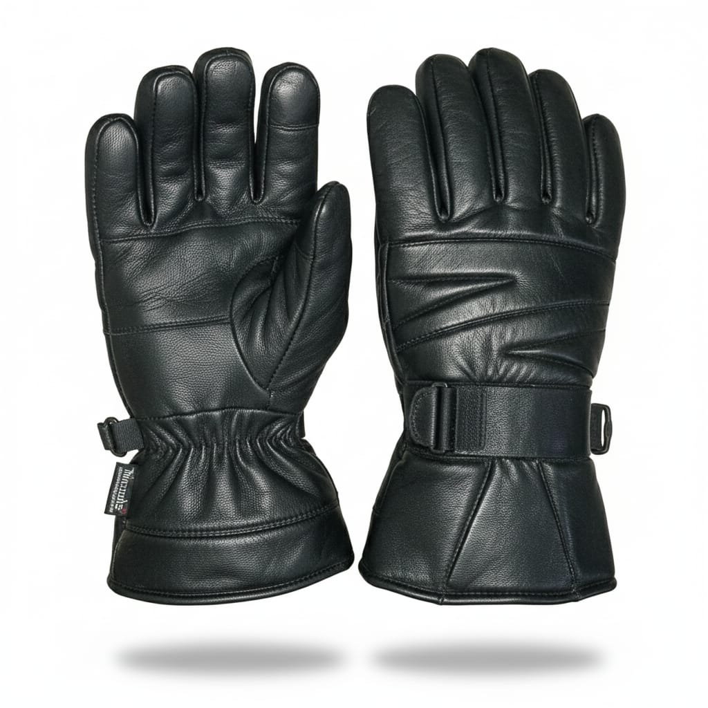 Men’s Genuine Sheep Leather Winter Gloves – Black Motorcycle Riding Gloves with Warm Lining