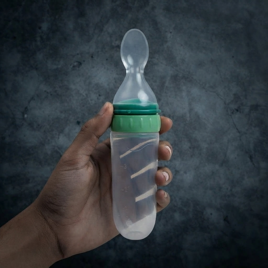 Imported Premium 90ml Baby Spoon Feeder – Full Soft Silicone Squeezy Training Bottle for Semi-Solid Food, Milk & Fruit Mash – Leakproof
