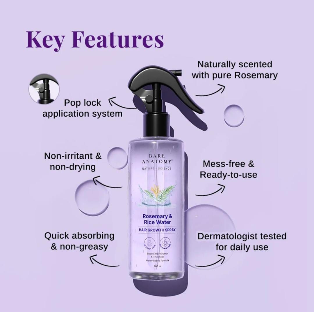 Bare Anatomy Rosemary & Rice Water Hair Growth Spray | Boosts Thickness | Controls Hair Fall | 200ml
