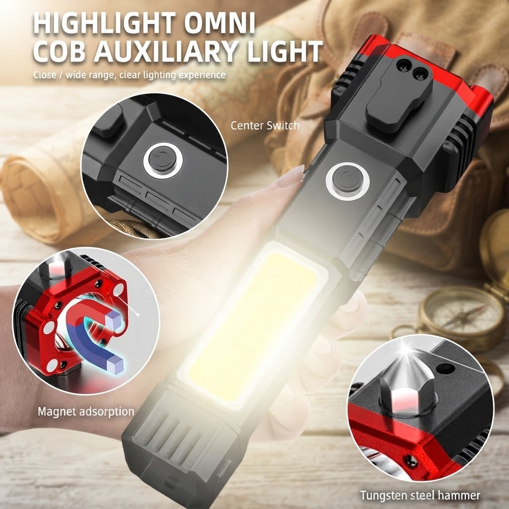Multifunctional COB Auxiliary Flashlight with Magnet & Hammer