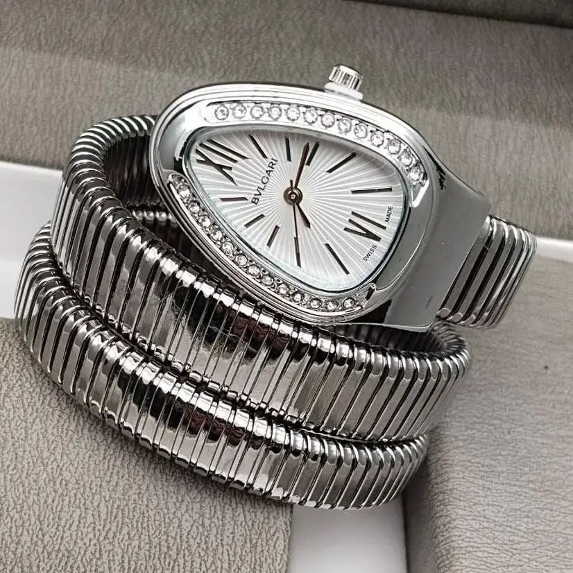 Triple‑Wrap Snake Watch | Diamond‑Set Bezel | Silver