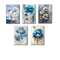 Set Of 5 Blue Flowers Wall Art Wooden Frames For Home Decoration Sticky Photo Tiles