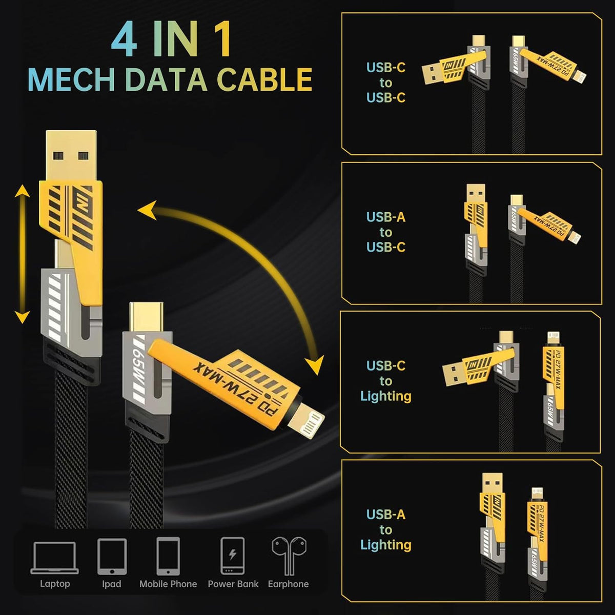 4 In 1 Data Cable – USB-A & USB-C to Lightning, Fast Charging Braided Cable