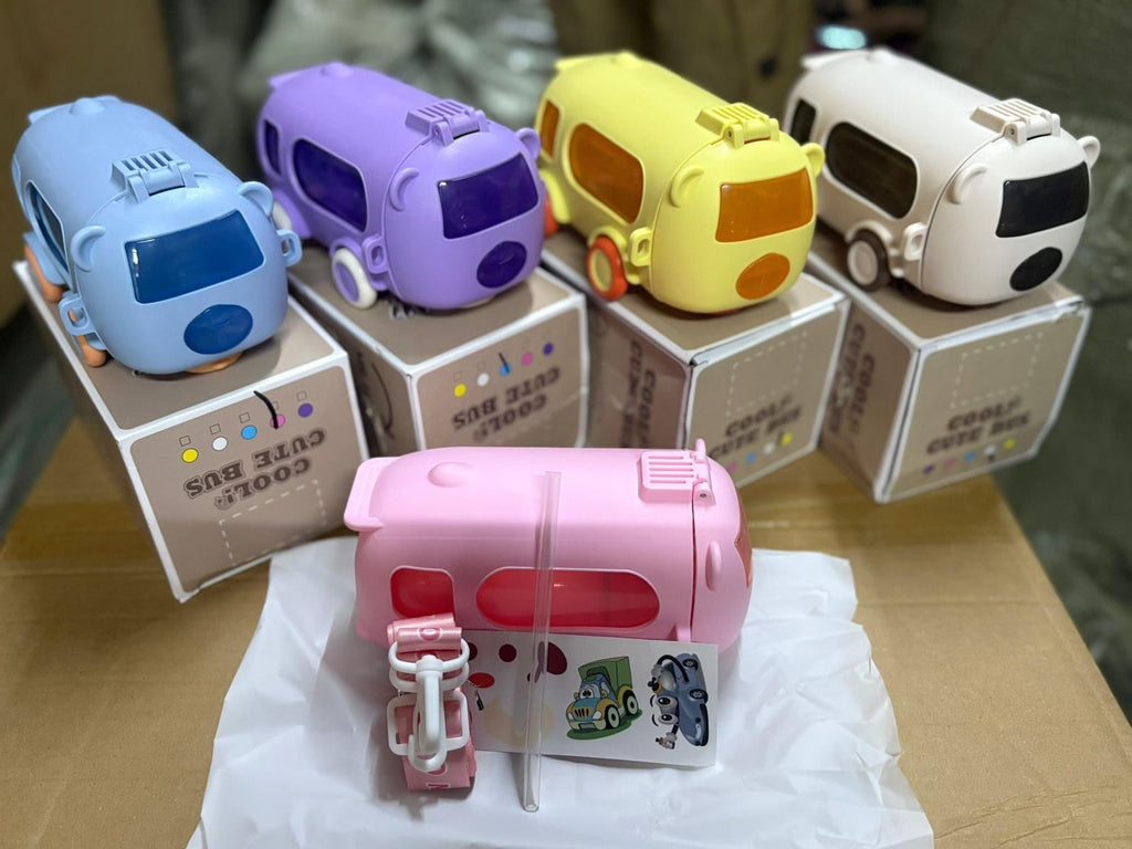 Imported 600ml Bus Water Bottle | Kids Cute Bus Shape | Strap, Sipper & Straw | Leakproof BPA Free (Random Colour)
