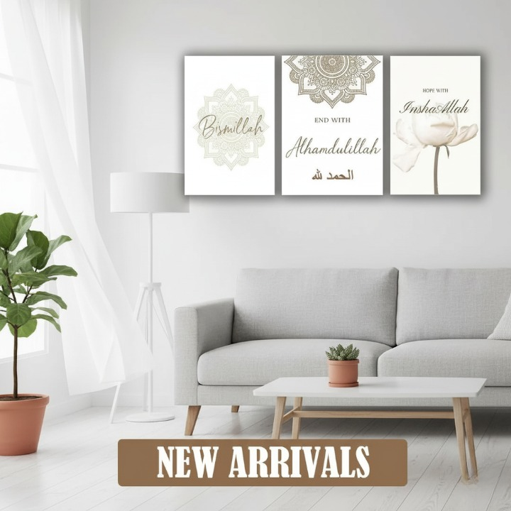3-Piece Islamic Wall Art Frame Set – Bismillah, Alhamdulillah & InshaAllah Quotes – 8x11 Inch Modern Home Décor with Double Tape for Easy Mounting