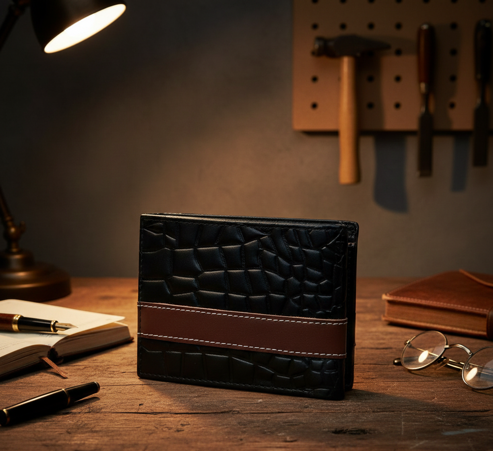 Men’s Croc-Texture Cow Leather Wallet – Black with Maroon Strip | Stylish Bifold Slim Wallet