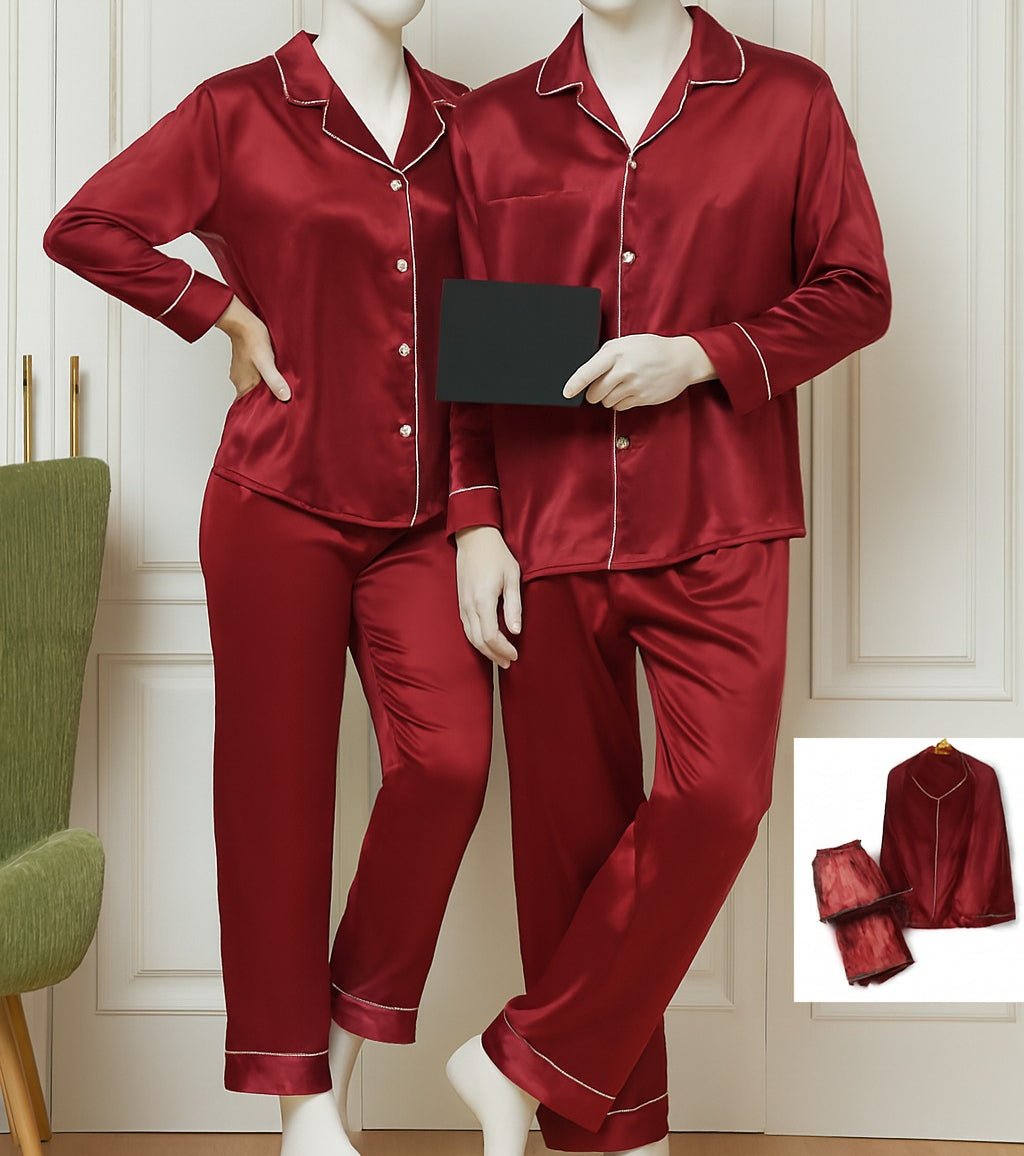 Classic Couple Night Suit Silk Satin Pajama Set – Long Sleeve Top & Full-Length Pants (4 Pcs) | Free Size SKU: DC-C007 Red