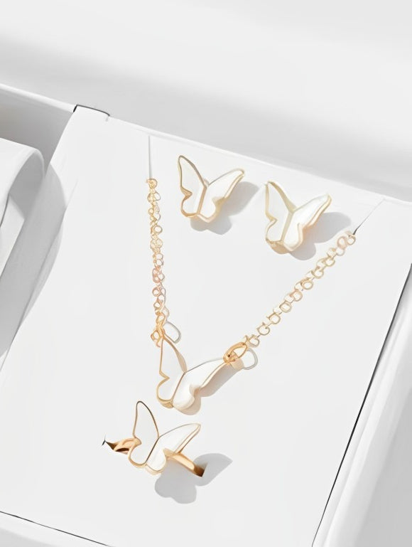 Butterfly Set Pack Of 4 Pendants Necklace Earrings Ring For Women Jewelry White