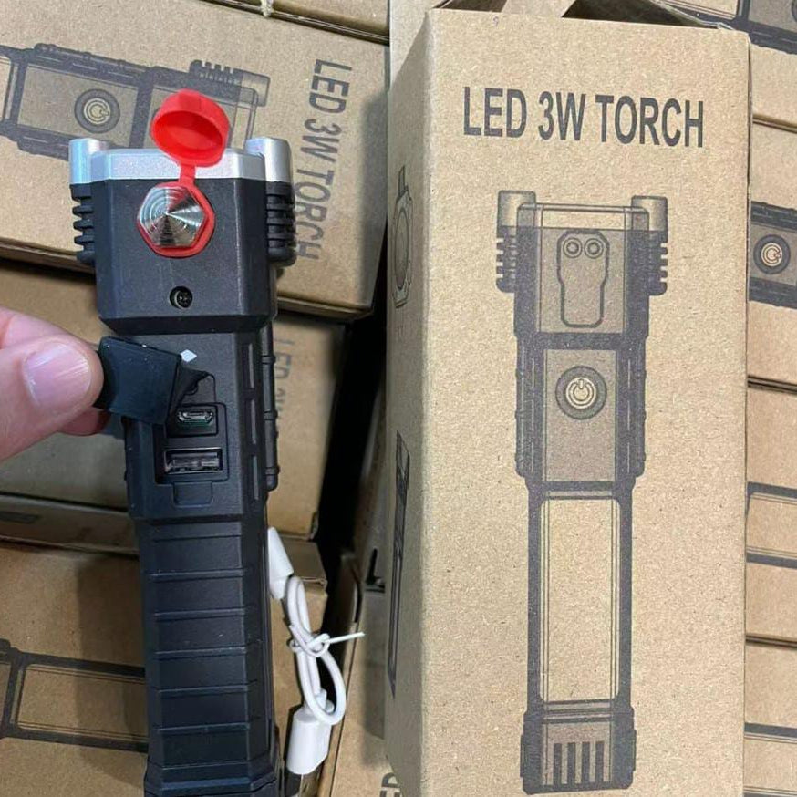 High Power LED Torch Light Rechargeable Flashlight With Tactical Hammer And Power Bank Providing Strong Brightness (Random Color)
