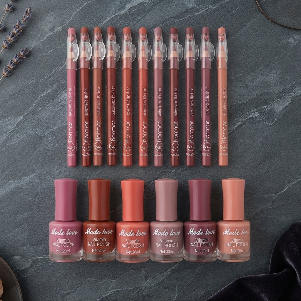 Nails Polish And Lip Pencils Combo Deal - Beauty Accessory Designed For Makeup Application And Daily Skincare Routine (12 Lip Pencils + 6 Nail Polishes)