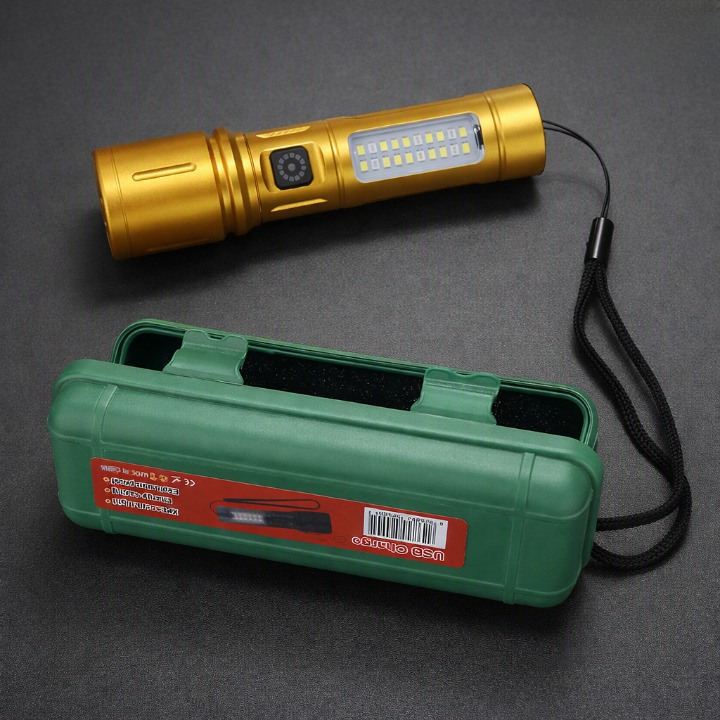 Rechargeable Golden LED Flashlight with COB Side Light & Storage Box
