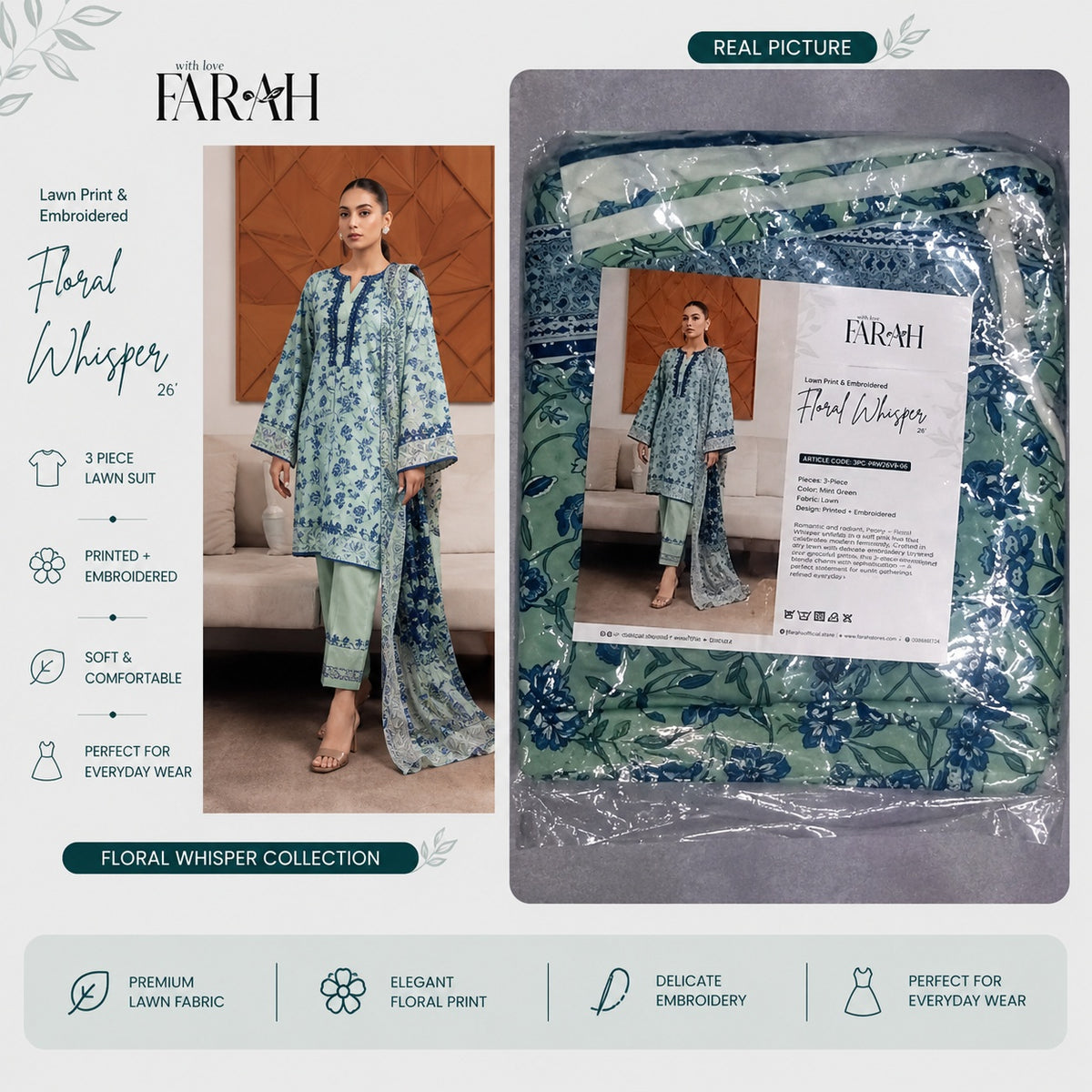 Farah Printed 3-Piece Lawn Suit with Printed Dupatta