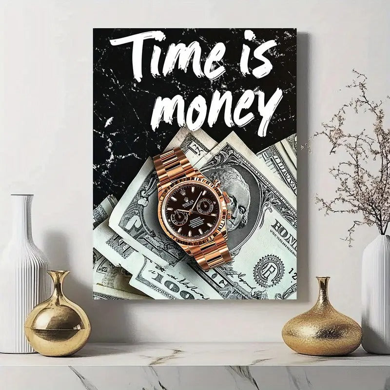 Luxury Wall Frame “Time is Money” | Wooden Sticky Tile Frame with Double Tape – 8x11 Inches
