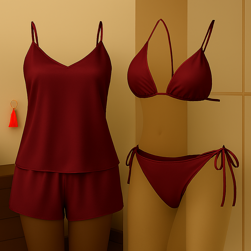 Premium Satin Sleepwear & Lingerie Combo for Women | Camisole, Shorts & Halter Bikini | Free Size | (Maroon)