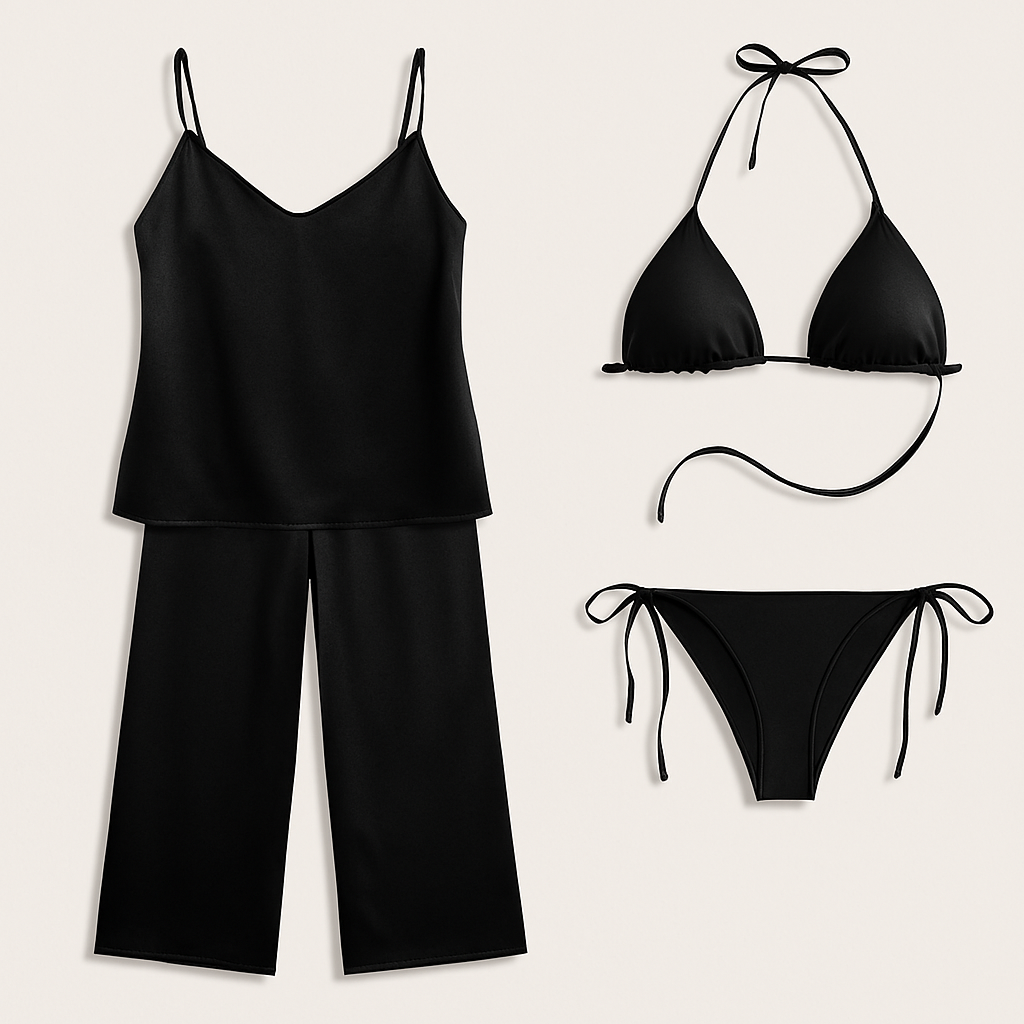 Satin Silk Camisole & Pajama with Bikini Set – Dual Style Nightwear for Women (Maroon)