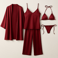 5-Piece Satin Sleepwear Set – Robe, Camisole, Pants & Bikini Nightwear - Free Size (Maroon)