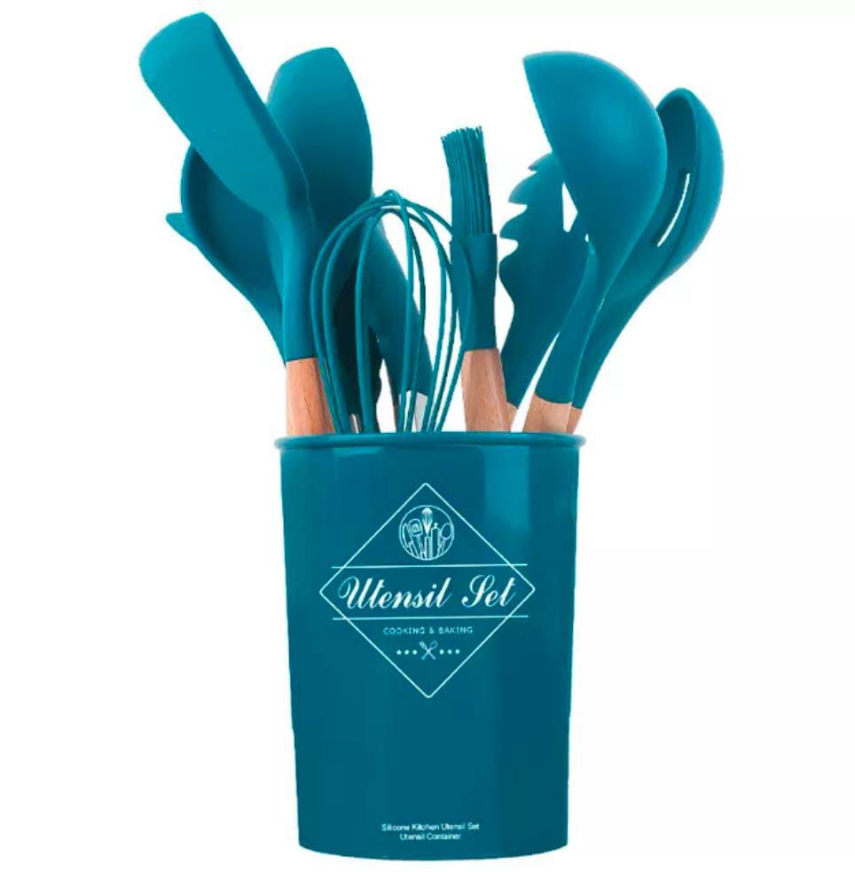12 Pcs Set Wooden Handle Silicone Kitchen Utensils With Storage Bucket High Temperature Resistant And Non Stick Pot Spatula Spoon Random Color
