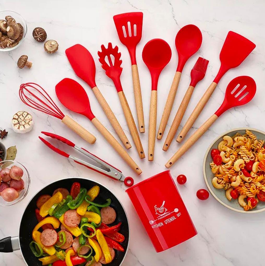 12 Pcs Silicone Cooking Utensils Kitchen Utensil Set Heat Resistant Kitchen Non Toxic Spatula Set With Turner Tongsspoonbrushwhisk Wooden Handlerandom Color