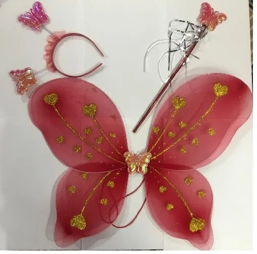 Kids Baby Fairy Wings Fashion Butterfly Wings Dress Up Party 3 pcs set (wing+Stick+ hairband) - red