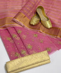 katan silk  3pc suit Embroidered Shirt organza Dupatta masoori  trouser ( pink ) - 6