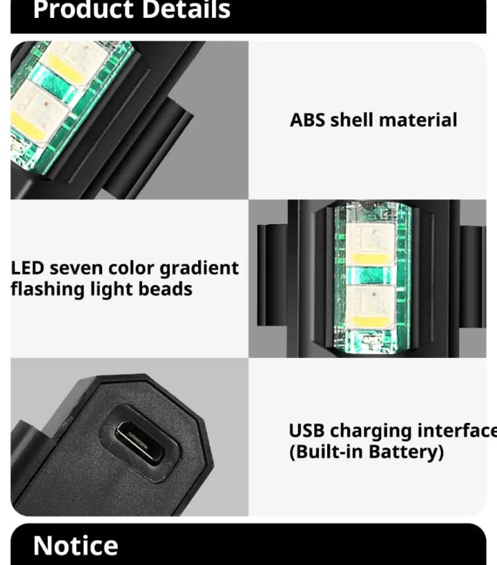 Universal Led Aircraft Strobe Lights Motorcycle Anti Collision Warning Light with USB Charging 7Colors Turn Signal Indicator - 1 Pc
