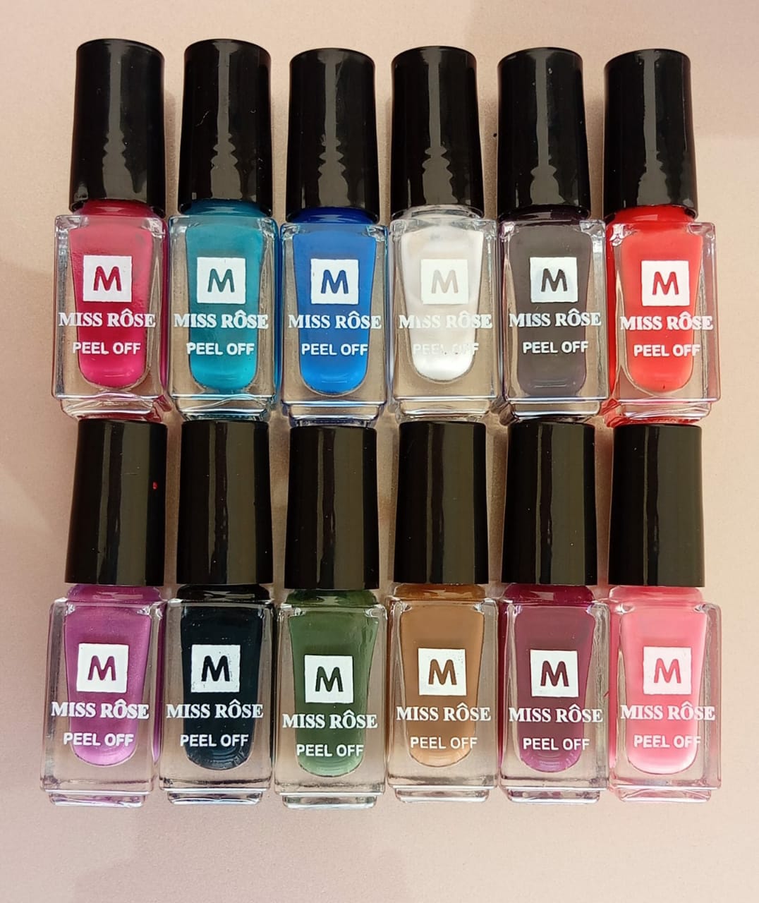 12 Pcs Miss Rose Peel Off Nail Paint Set Assorted Colors Easy To Apply Nail Polish