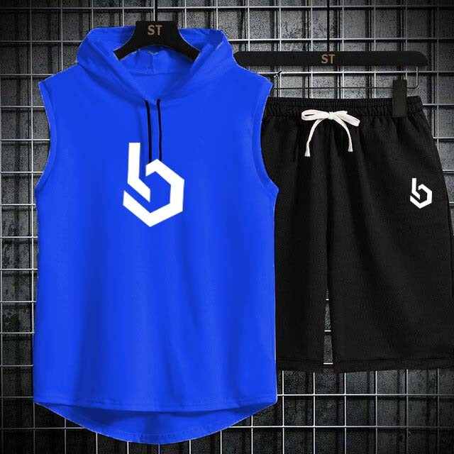 Firangi| Sign gym Summer Sleeveless Hooded Tracksuit For Men's (Tshirt + Shorts ) - Medium, Royal Blue