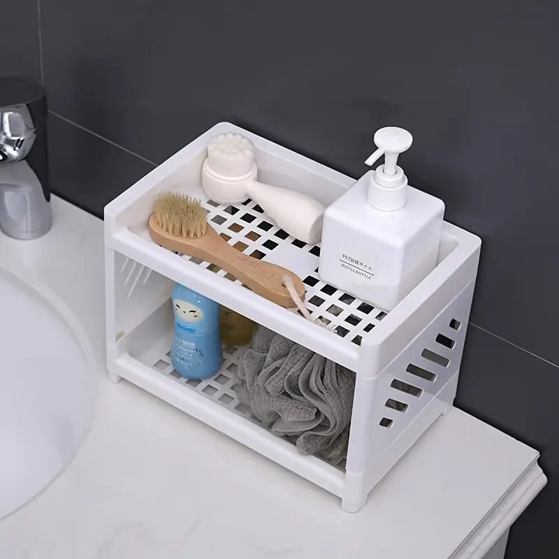 Desktop Double Layer Plastic Storage Holder Rack Cosmetic Box Kitchen Bathroom Desk Shelf Organizer Office Supplies Stationery Random Color