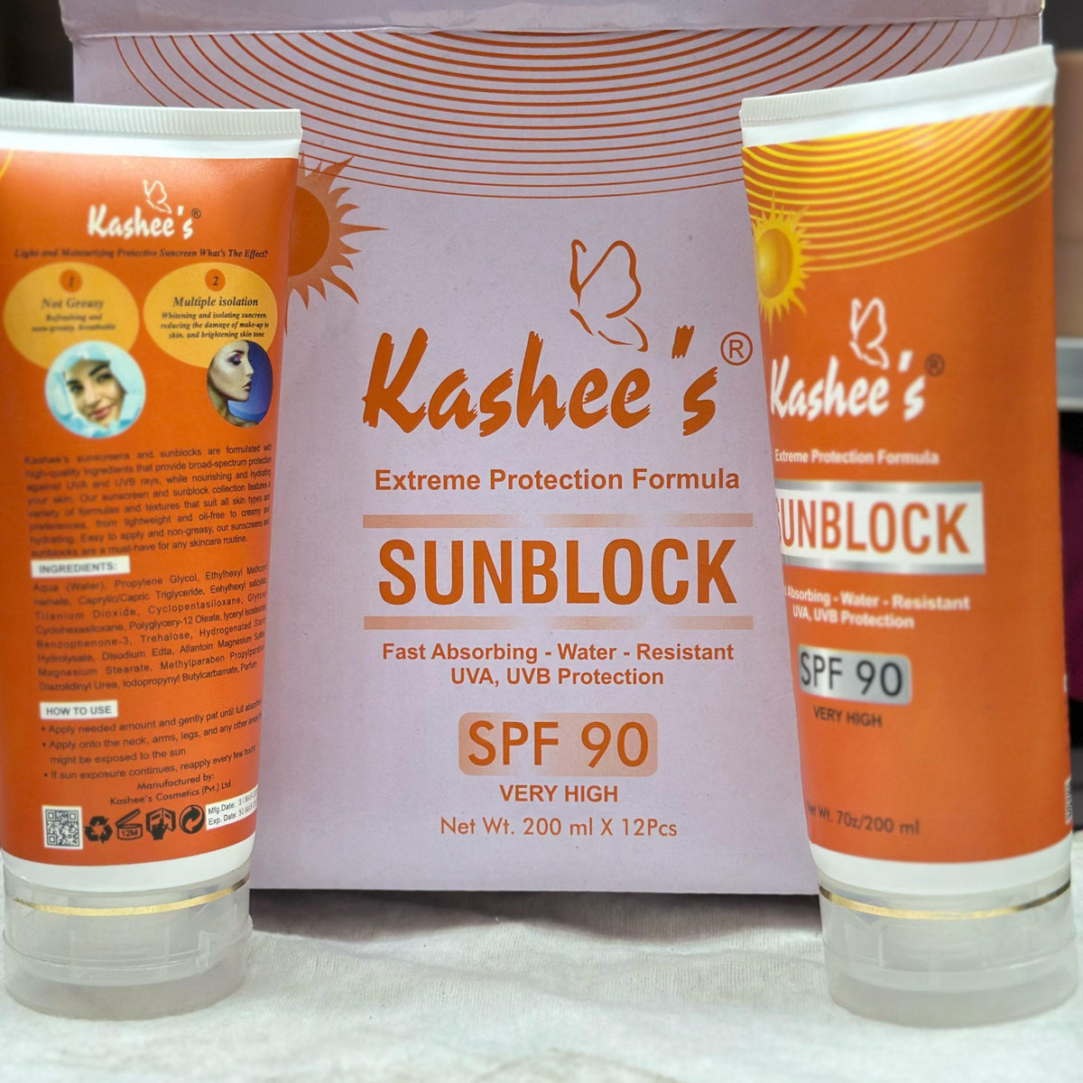 01 Pc Kashees Sunblock Spf 90 Extreme Protection Formula Fast Absorbing Water Resistant Uva Uvb Protection 200Ml