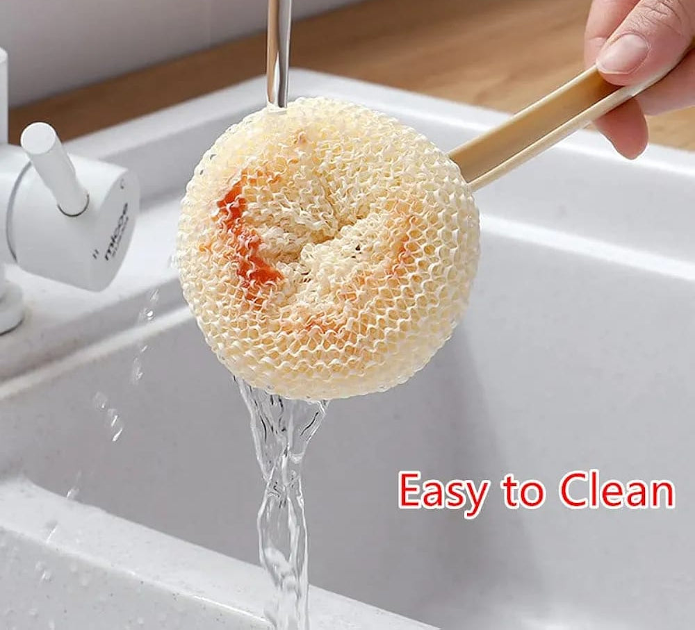 Multipurpose Fiber Cleaning Balls With Long Handle Reusable Scrubbers For Kitchen Household Cleaning 1 Handle 3 Balls